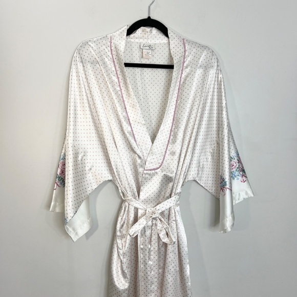 Vintage Linda Bis white satin pink polka dot kimono robe jacket OS - Picture 6 of 15